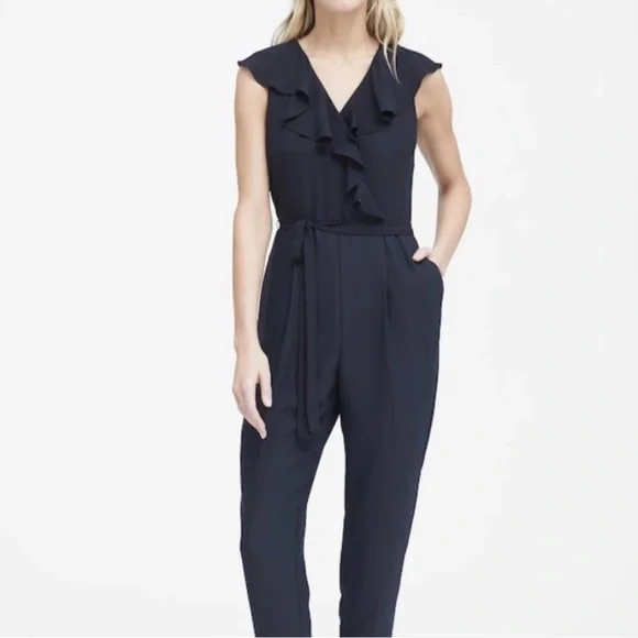 Banana Republic V Neck Ruffled Jumpsuit Navy Blue Size 12 - Picture 2 of 9